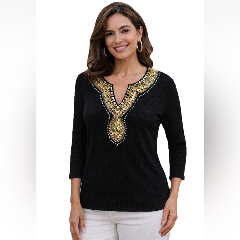Vintage Berek Beaded Embellished Ribbed Sweater Black Resort Dressy Sz M/L 10